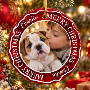 Red Plaid Custom Photo Pet Christmas Ceramic Tree Decoration