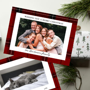 Red Plaid Custom Two Horizontal Photo Christmas  Holiday Card