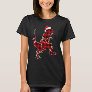 Red Plaid Dinosaur Hat Santa Christmas Lights Buff T-Shirt