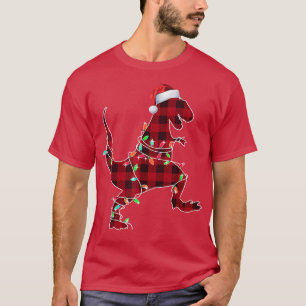 Red Plaid Dinosaur Hat Santa Christmas Lights Buff T-Shirt
