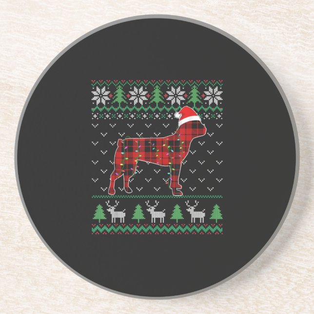 Red Plaid Dog Ugly Christmas Lights Boston Terrier Coaster (Front)