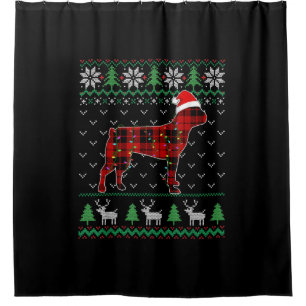 Red Plaid Dog Ugly Christmas Lights Boston Terrier Shower Curtain