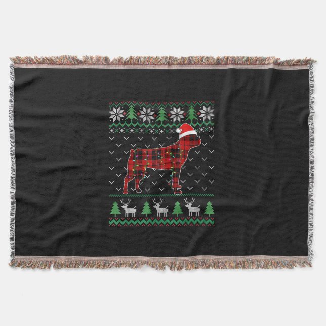 Red Plaid Dog Ugly Christmas Lights Boston Terrier Throw Blanket (Front)