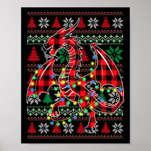 Red Plaid Dragon Christmas Lights Ugly Christmas S Poster