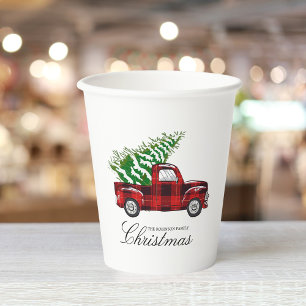 Red Plaid Elegant Script Christmas Vintage Truck Paper Cups