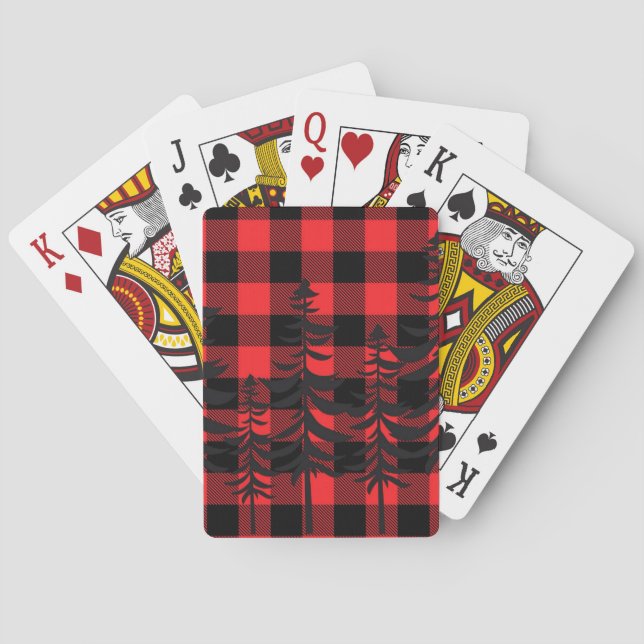 Red Plaid Evergreen Silhouette Playing Cards (Back)