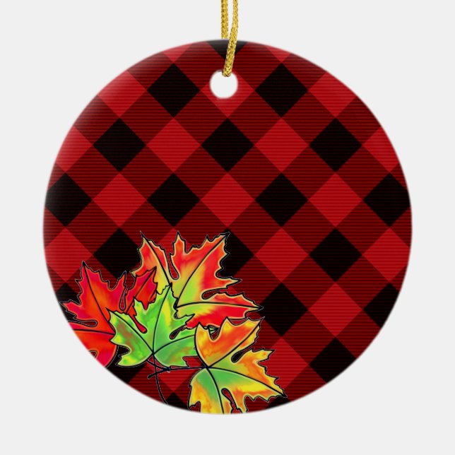 Red Plaid Fall Maple Leaves county classic Ceramic Tree Decoration (Front)