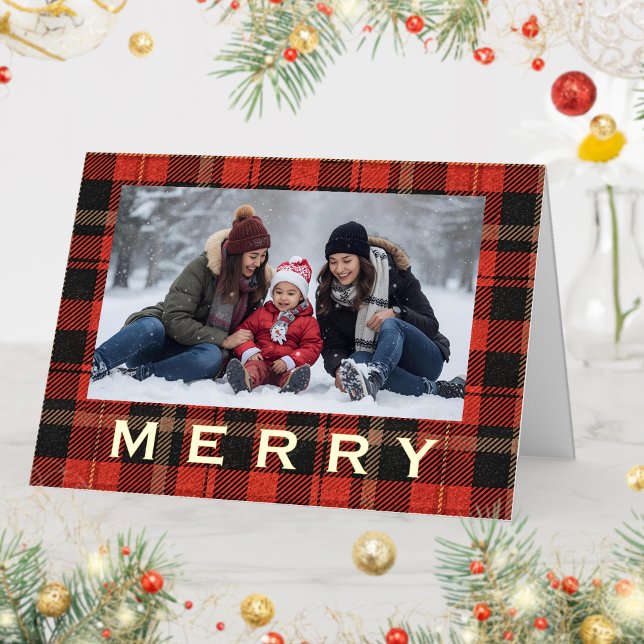 Red Plaid Family and Friends Cozy Merry Gold Text Foil Holiday Card (Creator Uploaded)
