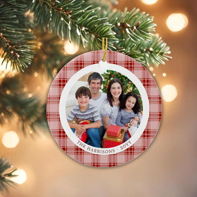 Red Plaid Family Christmas 2 Sided Photo Ornament (Red Plaid Family Christmas 2 Sided Photo Ornament)