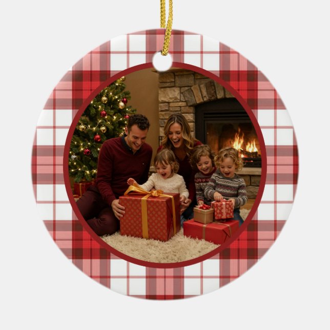 Red Plaid Family Christmas Ceramic Tree Decoration (Front)