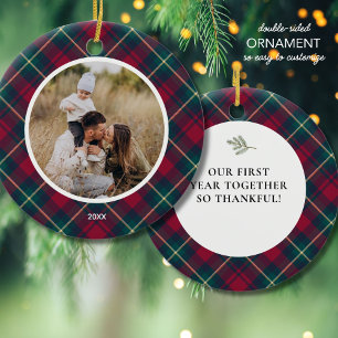 Red Plaid Family Custom Photo Text Christmas Tree Ceramic Tree Decoration