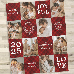 Red Plaid Family Monogram Photo Collage Christmas Fleece Blanket