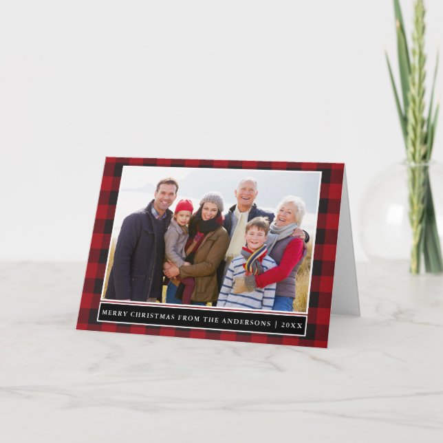 Red Plaid Family Photo Merry Christmas Folded Holiday Card (Front)
