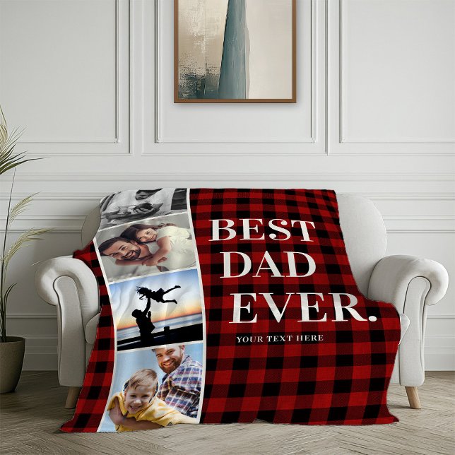 Red Plaid Filmstrip Best Dad Ever Photo Collage Fleece Blanket (Creator Uploaded)
