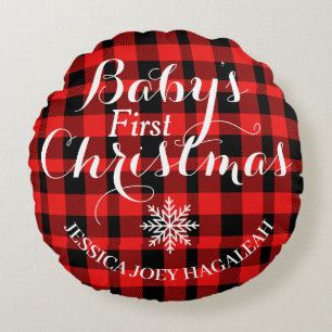 Red Plaid First Christmas Personalised Baby Photo Round Cushion