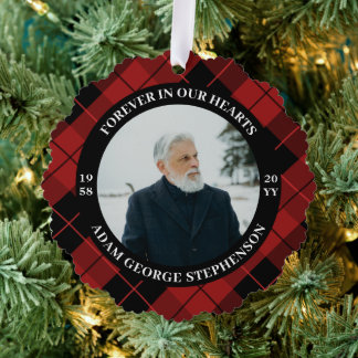Red Plaid Forever In Our Hearts Photo Tree Decoration Card