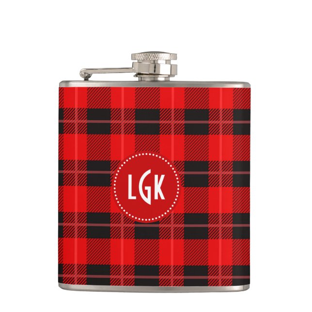 Red Plaid Geometric Pattern Monogram White Accents Hip Flask (Front)