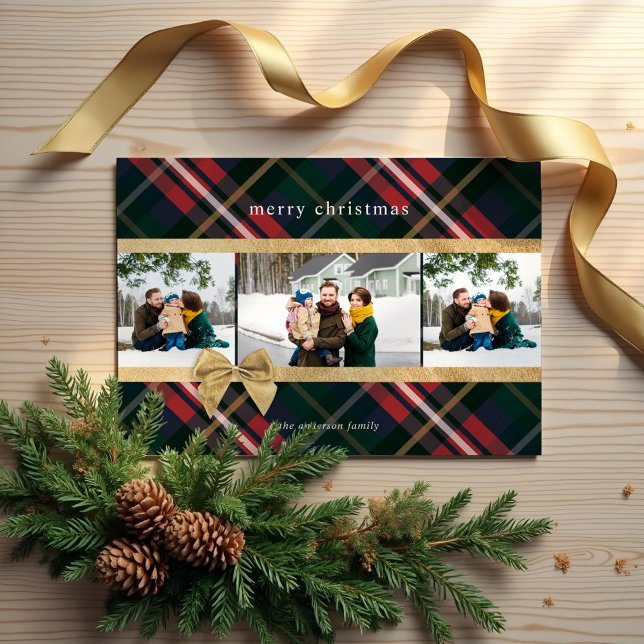 Red Plaid Gift Wrapped & Gold Bow Present Photo Holiday Card (Red Plaid Gift Wrapped & Gold Bow Present Photo Holiday Card)