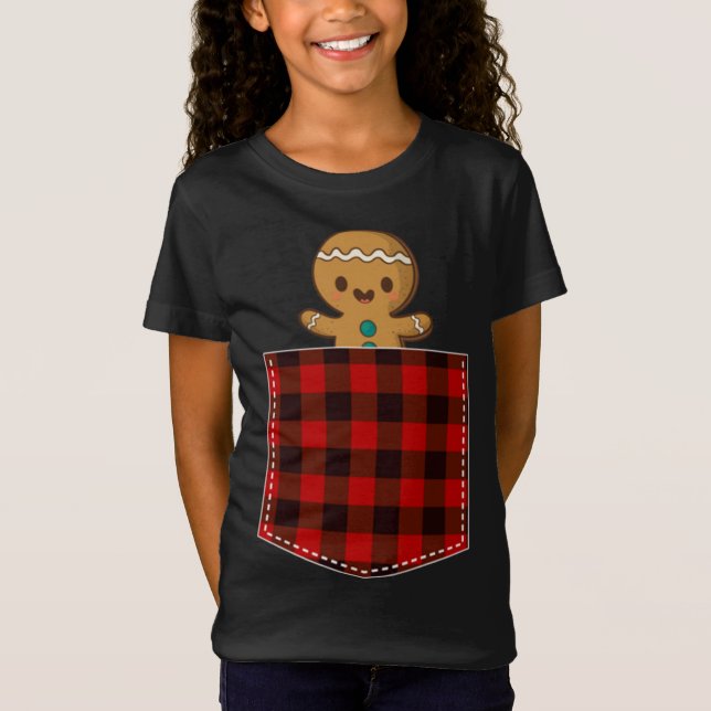 Red Plaid Gingerbread Cookie in Pocket Buffalo Chr T-Shirt (Front)