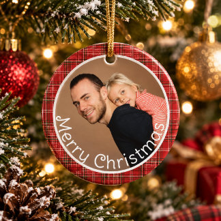 Red Plaid Gingham Family Photo Merry Christmas Ceramic Tree Decoration