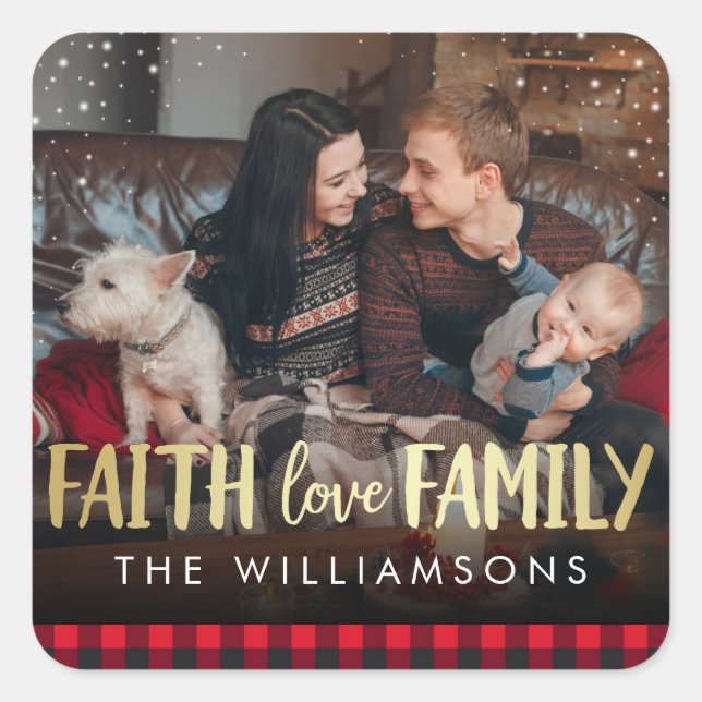 Red Plaid & Gold Faith Love Family Christmas Photo Square Sticker (Front)