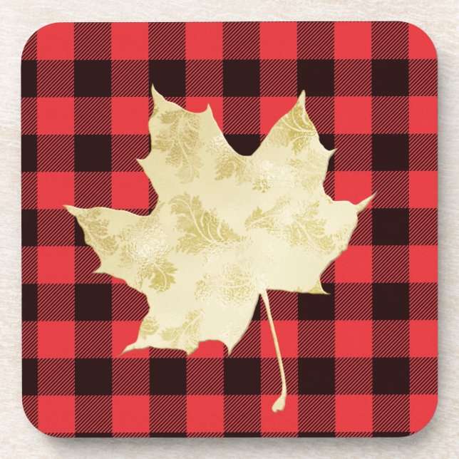 Red Plaid Gold Maple Leaf Coaster (Front)