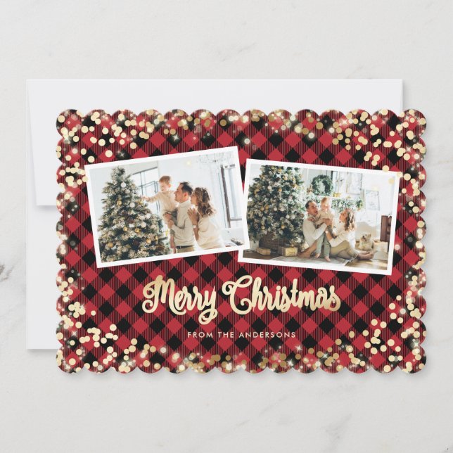 Red Plaid Gold Snow Merry Christmas Photo Holiday Card (Front)