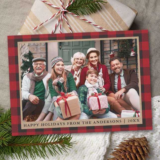 Red Plaid Happy Holidays Kraft Family Photo Holiday Card (Customize text size or text style.)