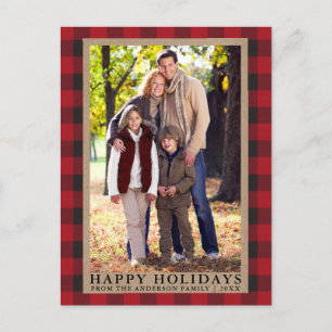 Red Plaid Happy Holidays Kraft Family Photo Postcard