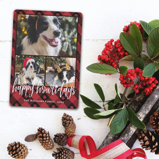 Red Plaid Happy Howlidays Dog Photo Collage Holiday Card (Creator Uploaded)