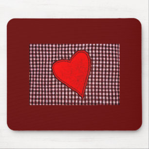 Red Plaid Heart Mouse Pad
