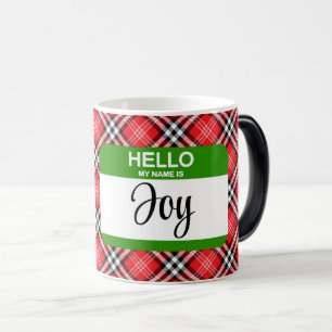 Red Plaid Hello My Name Is JOY Tag Holiday Fun Magic Mug