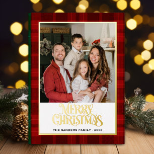 "Red Plaid Holiday Card with Faux Gold Lettering 