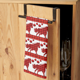 Red Plaid Horses and Ornaments Tea Towel