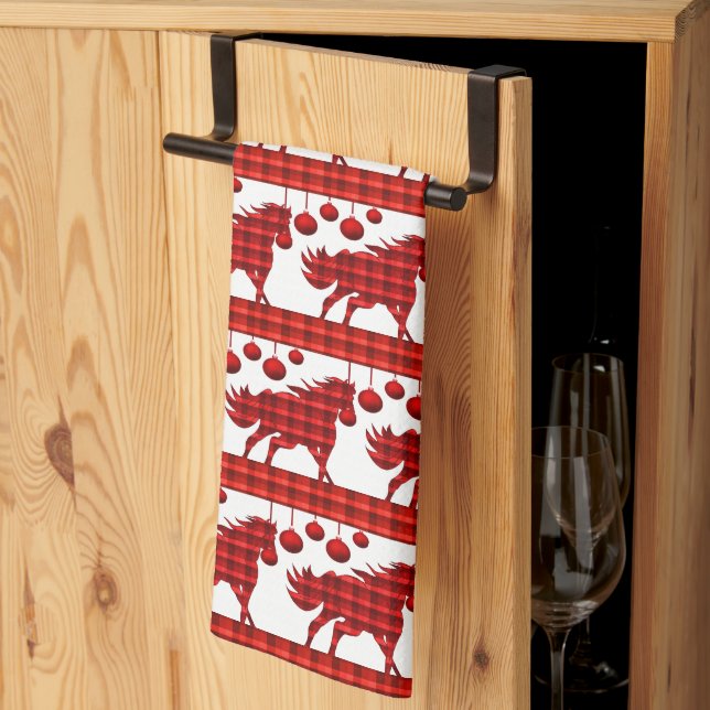 Red Plaid Horses and Ornaments  Tea Towel (Thirds Fold)