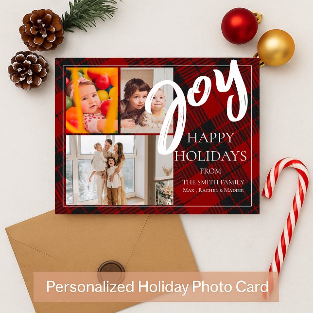 Red Plaid Joy Christmas Family Greeting Photo Holiday Postcard (Red Plaid Joy Christmas Family Greeting Photo Holiday Postcard)