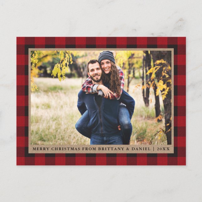 Red Plaid Kraft Couple Photo Merry Christmas Postcard (Front)