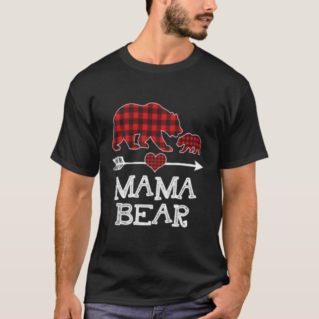 Red Plaid Mama Bear One Cub Matching Buffalo Pajam T-Shirt (Front)