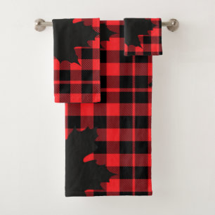 Red Plaid Maple Leaf silhouette Bath Towel Set