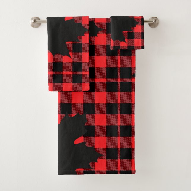 Red Plaid Maple Leaf silhouette Bath Towel Set (Insitu)