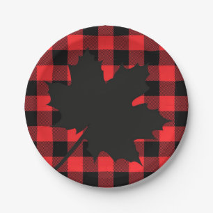 Red Plaid Maple Leaf silhouette Paper Plate