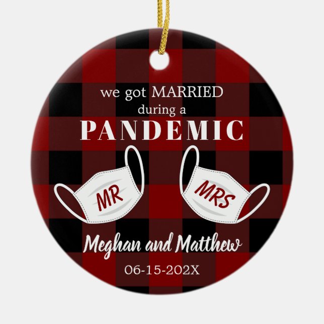 Red Plaid Married in Pandemic First Christmas Ceramic Tree Decoration (Front)