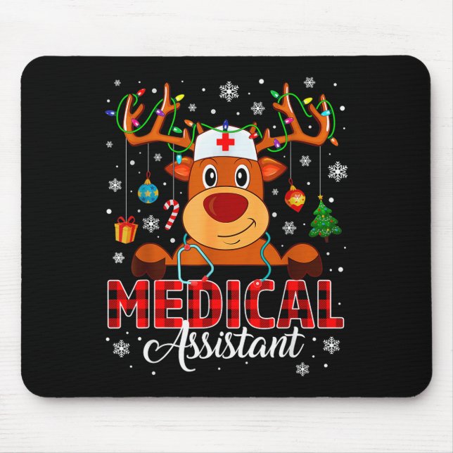 Red Plaid Medical Istant Nurse Reindeer Christmas  Mouse Pad (Front)