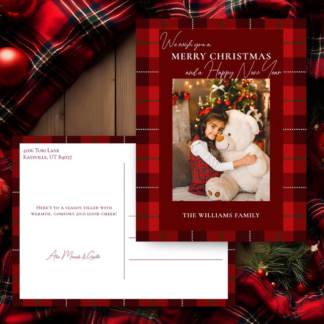 Red Plaid Merry Christmas 1 Photo Holiday Postcard (Creator Uploaded)