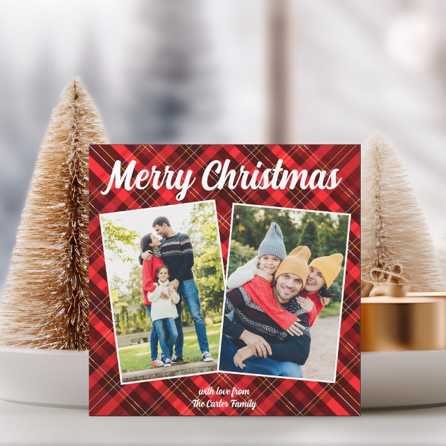 Red Plaid Merry Christmas 2 Photo Magnet Card (Creator Uploaded)
