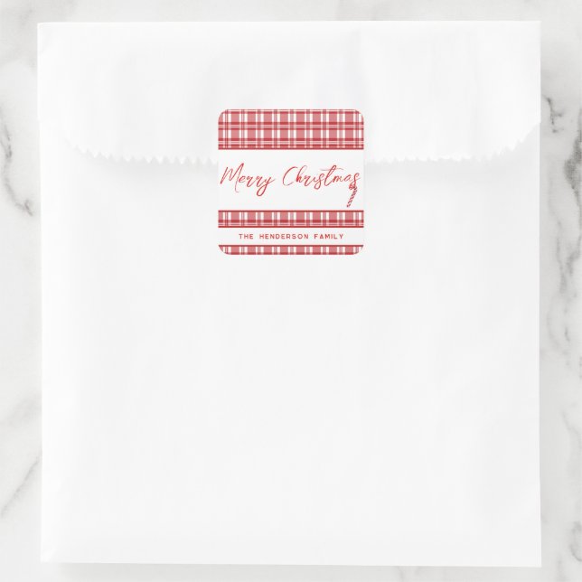 Red Plaid Merry Christmas | Candy Cane  Square Sticker (Bag)