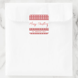 Red Plaid Merry Christmas Candy Cane Square Sticker