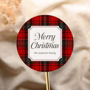 Red Plaid Merry Christmas Classic Round Sticker
