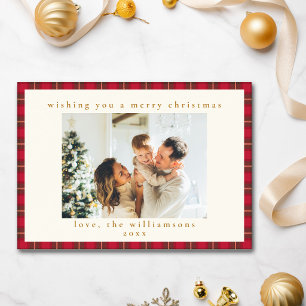 Red Plaid Merry Christmas Family Photo Gold Holiday Card