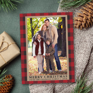Red Plaid Merry Christmas Kraft Family Photo Postcard